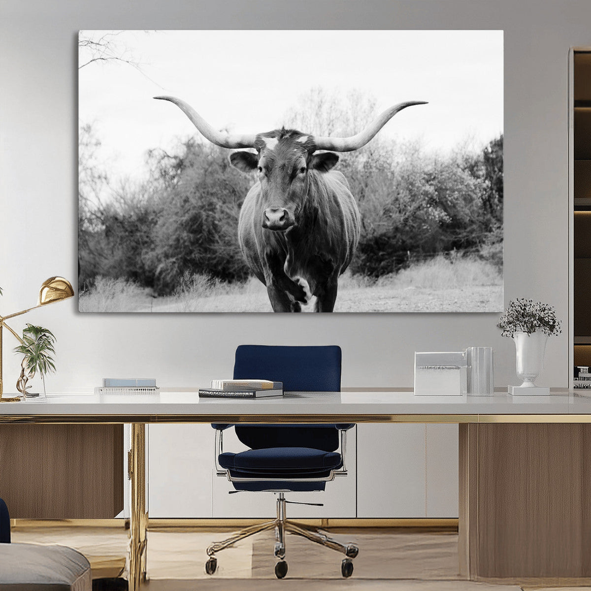 Longhorn Photography Wall Art Canvas Print, Framed Western Cow Texas Ranch Decor