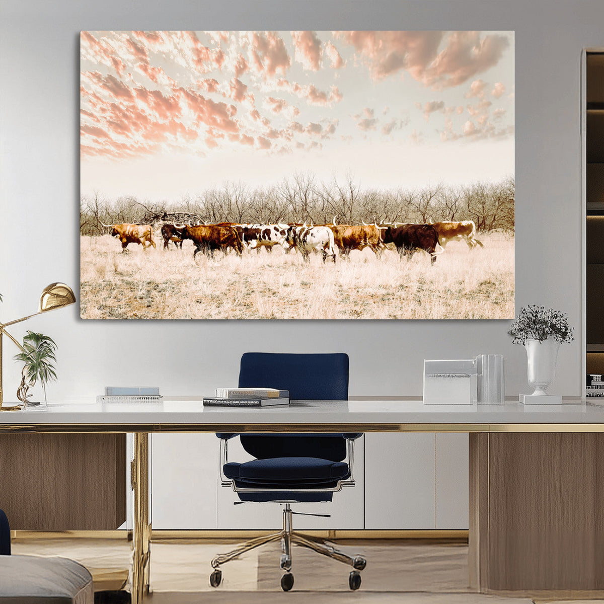 Country Cow Herd Wall Art Canvas Print, Framed Farmhouse Cattle Scene, Rustic Ranch Decor