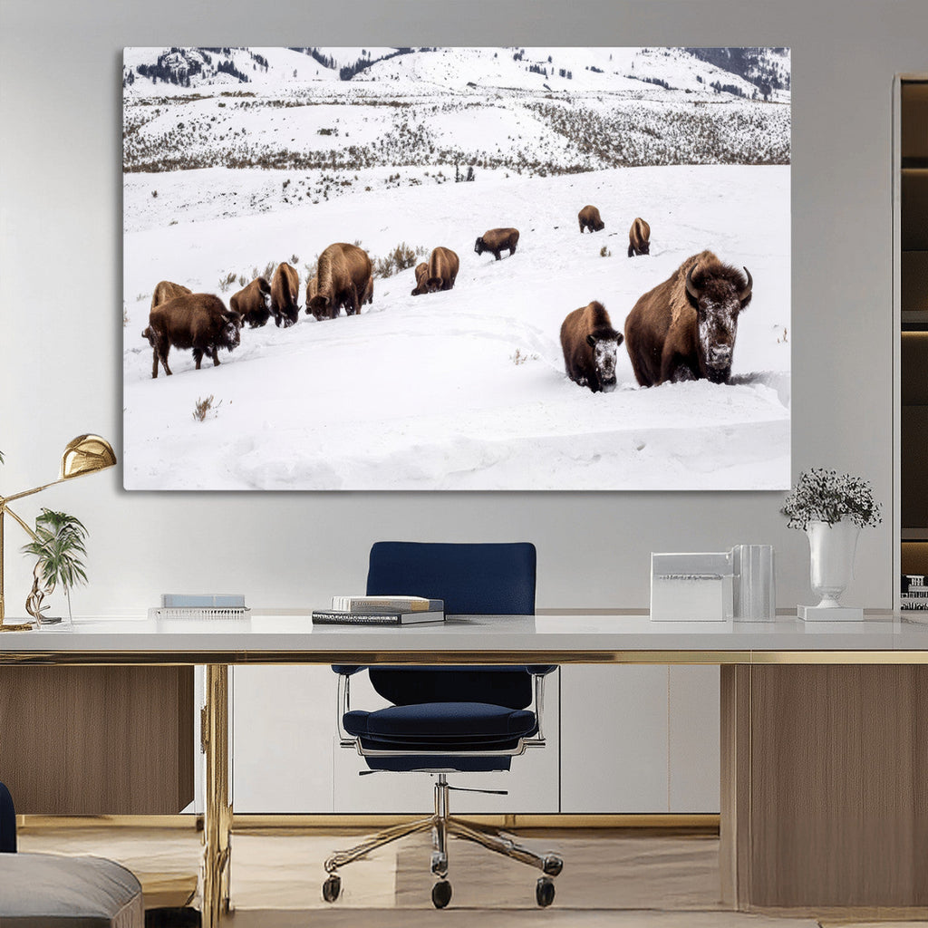 Bison Herd Wall Art Canvas Print, Framed Western Wildlife Decor, Snowy Mountain Valley