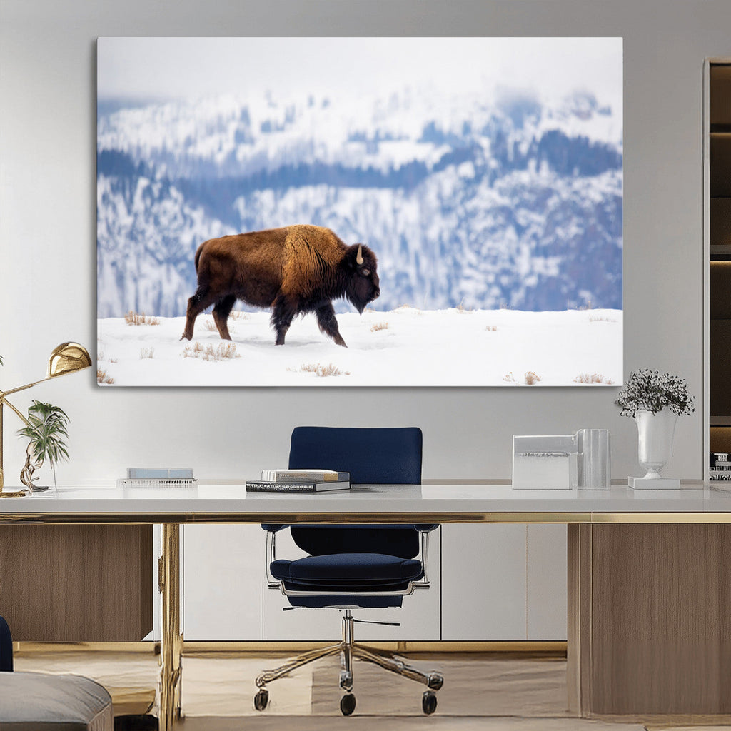 Bison Snow Wall Art Canvas Print, Framed Wildlife Scene, Western Ranch Style Decor