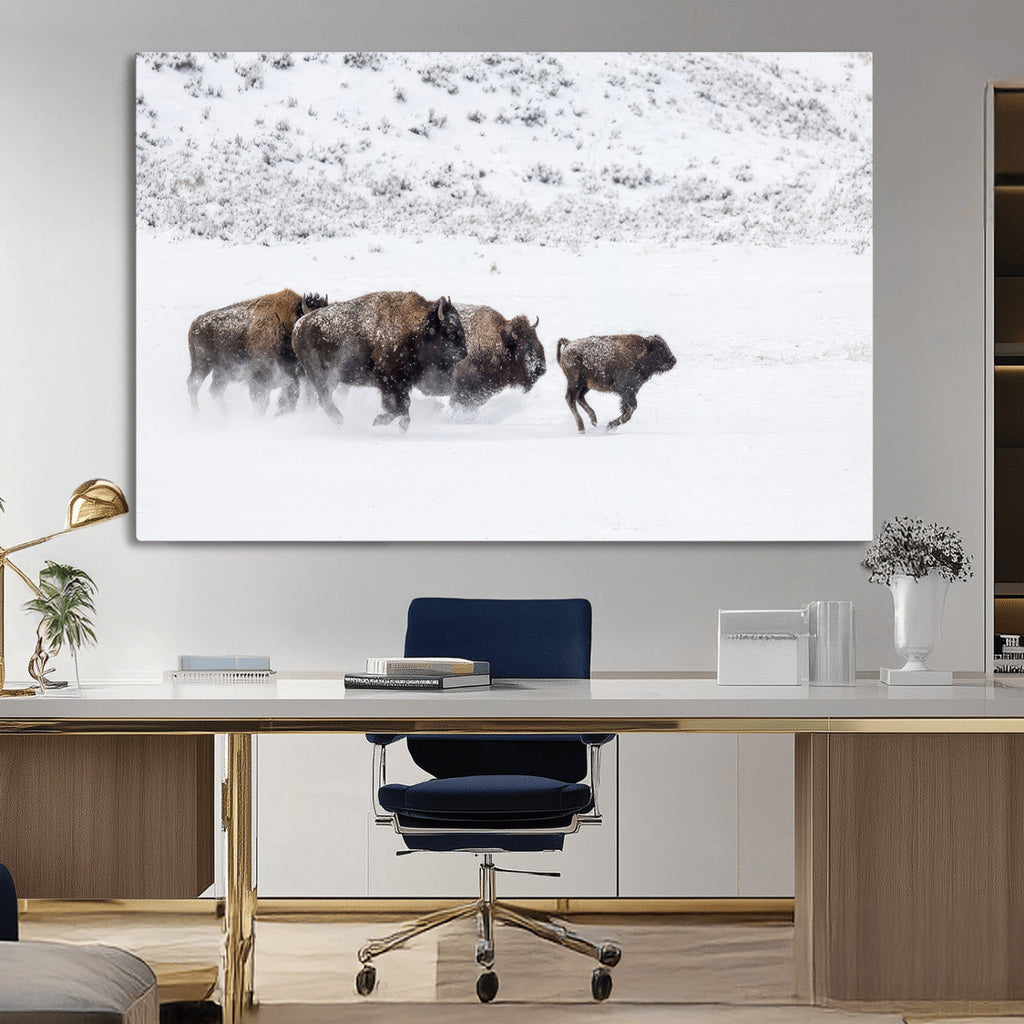 Bison Herd Wall Art Canvas Print, Framed Snowy Bison Scene, Winter Wildlife Decor
