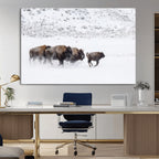 Bison Herd Wall Art Canvas Print, Framed Snowy Bison Scene, Winter Wildlife Decor