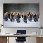 Bison Herd Wall Art Canvas Print, Framed Rustic Wildlife Decor, Snowy Bison Landscape