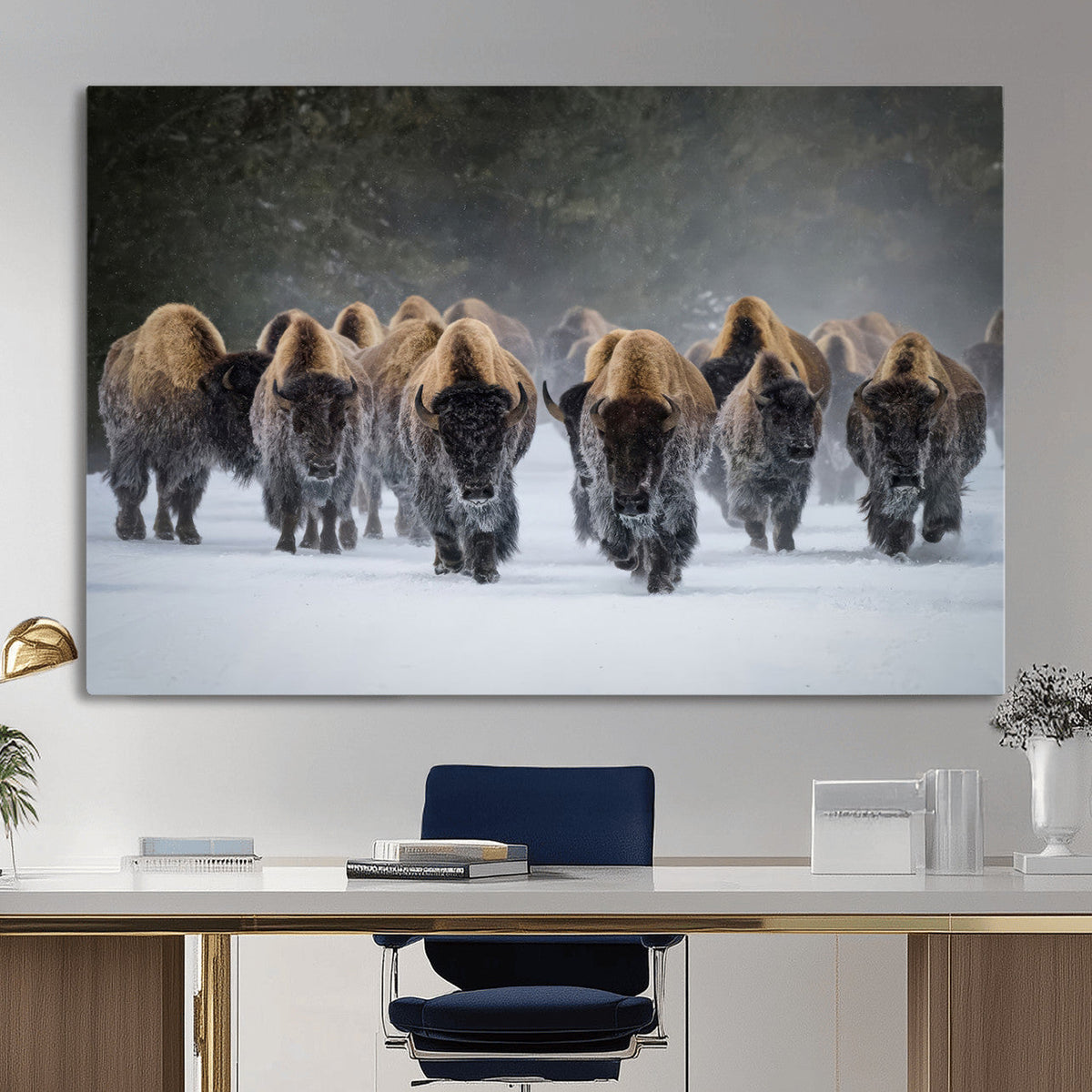 Bison Herd Wall Art Canvas Print, Framed Rustic Wildlife Decor, Snowy Bison Landscape