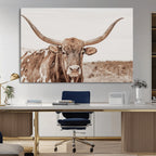 Longhorn Bull Wall Art Canvas Print, Framed Rustic Cow Decor, Neutral Farmhouse Style