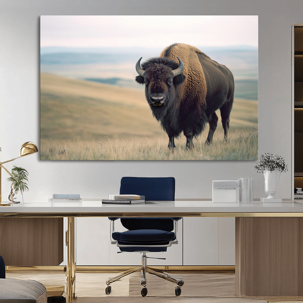 Bison Wall Art Canvas Print, Framed American Buffalo Rustic Western Artwork