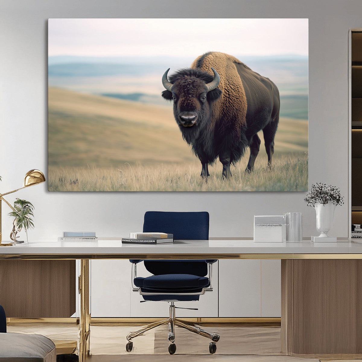Bison Wall Art Canvas Print, Framed American Buffalo Rustic Western Artwork