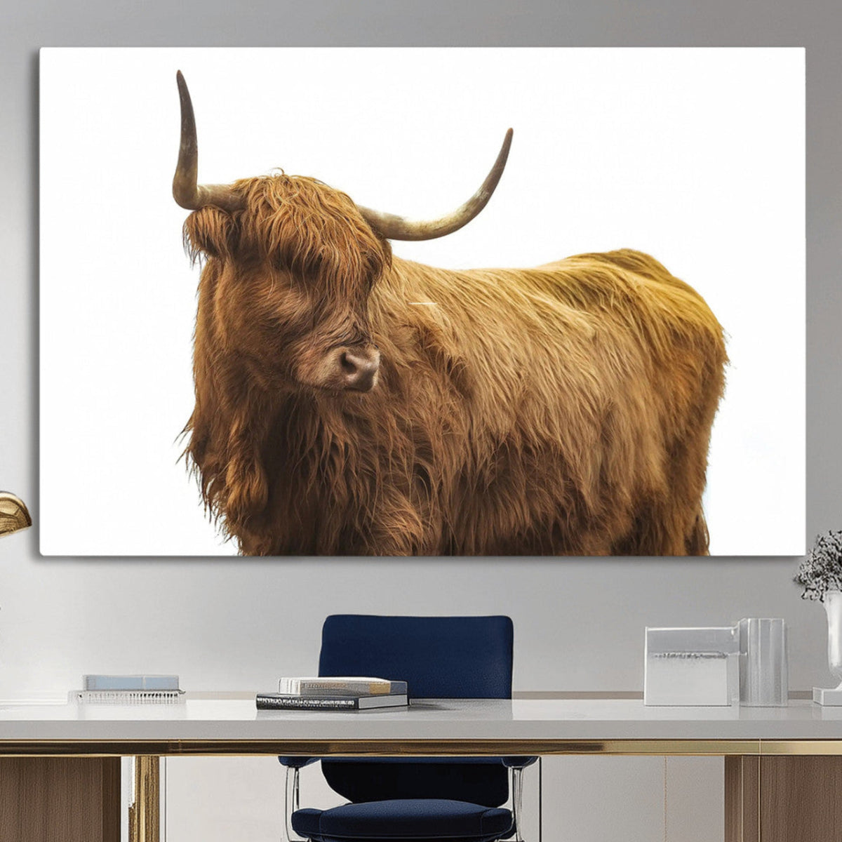 Highland Cow Wall Art Canvas Print, Framed Rustic Farmhouse Animal Portrait