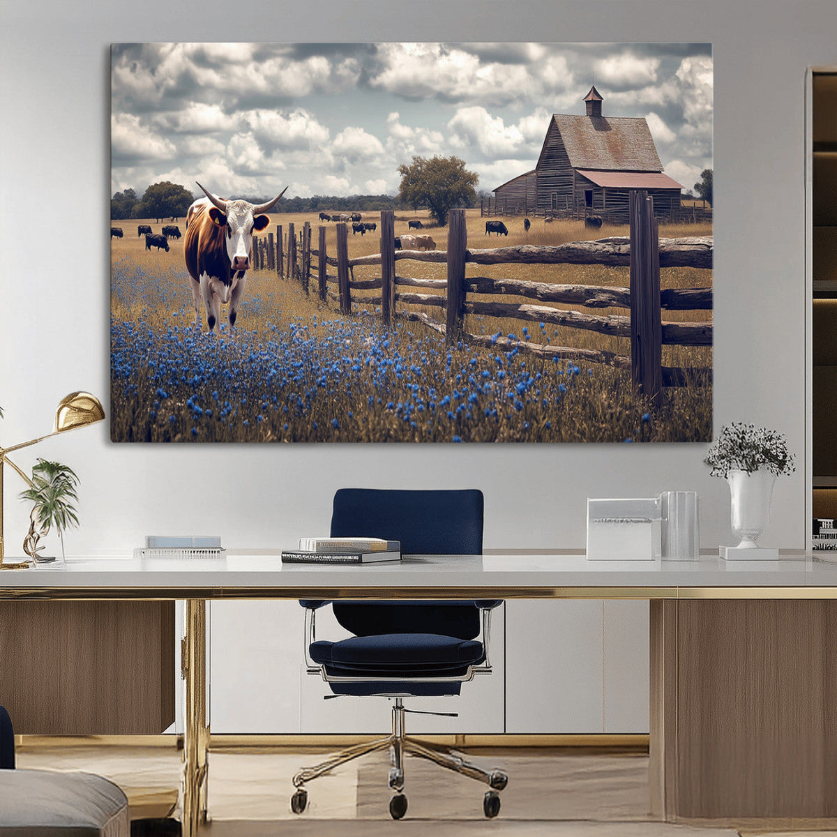 Texas Longhorn Canvas Wall Art Print, Framed Rustic Barn Farmhouse Decor