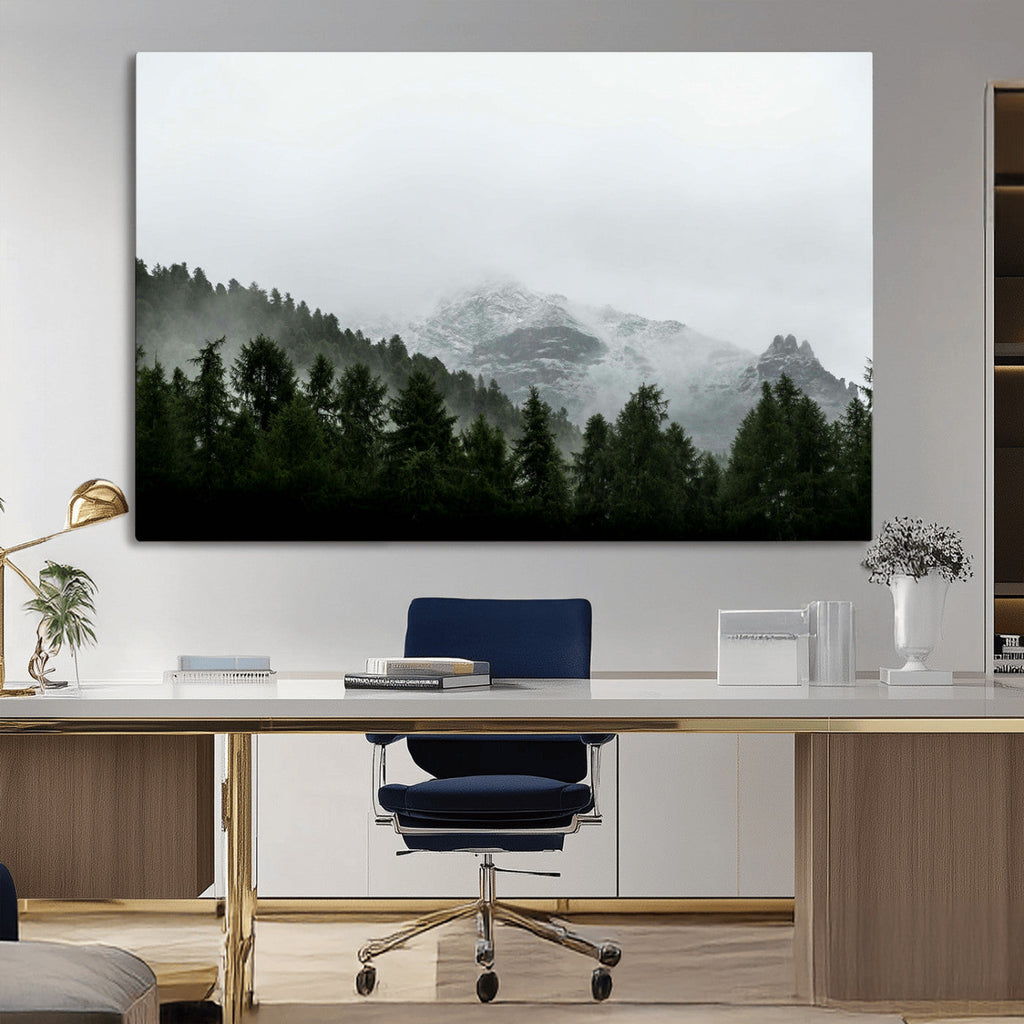 Misty Mountains Wall Art Canvas Print, Framed Foggy Forest Art, Snowy Peaks Landscape