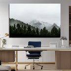 Misty Mountains Wall Art Canvas Print, Framed Foggy Forest Art, Snowy Peaks Landscape