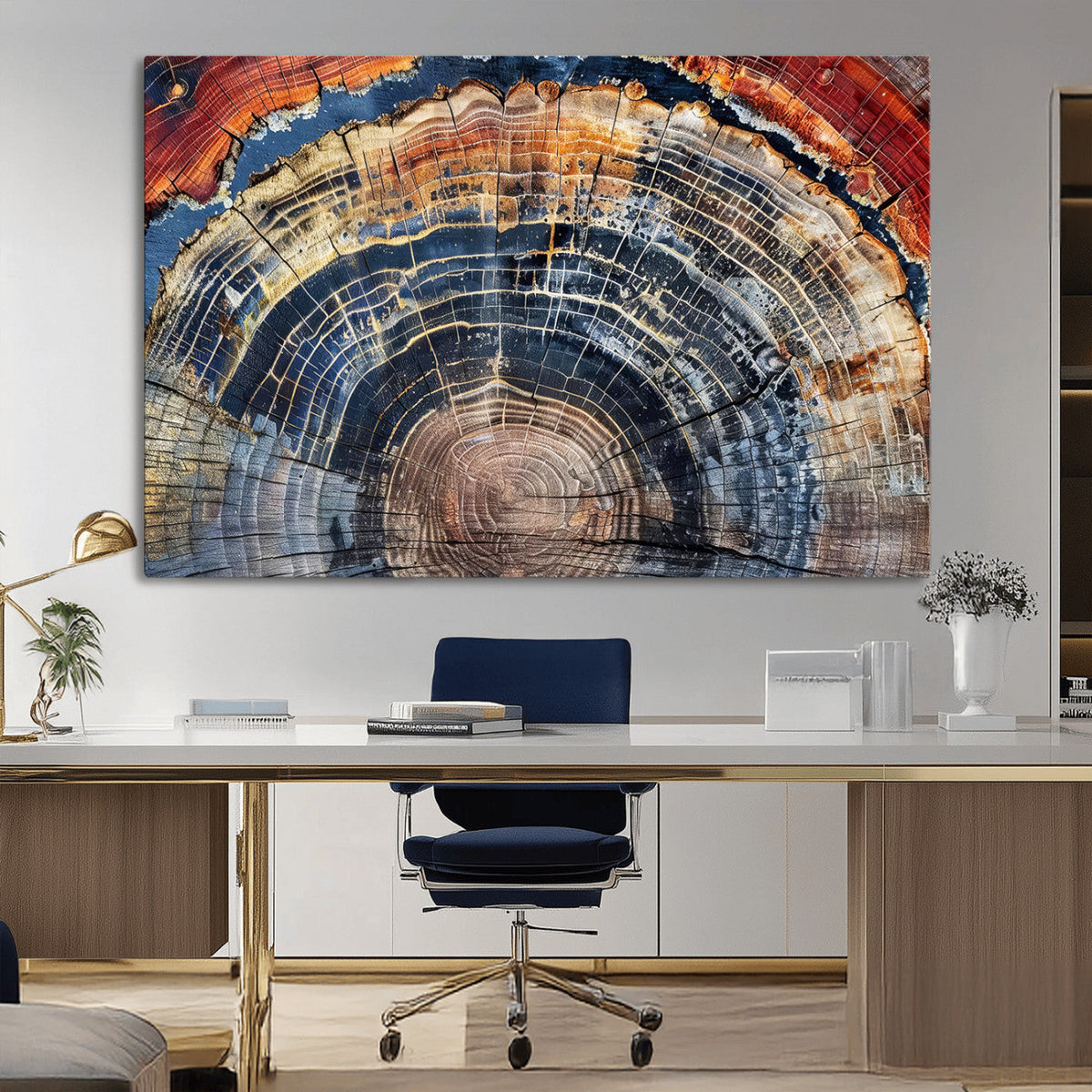 Tree Rings Wall Art Canvas Print, Framed Petrified Wood Modern Rustic