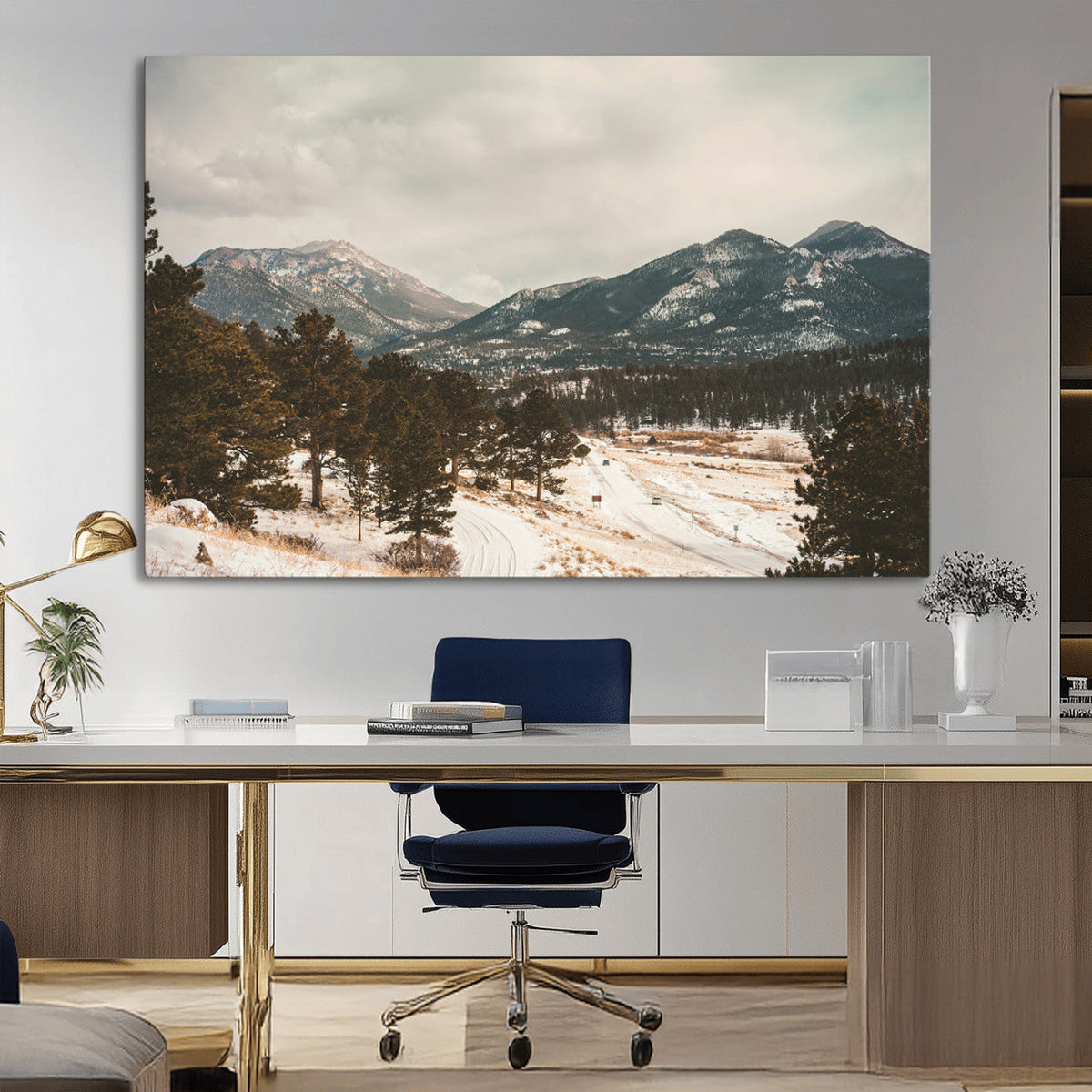 Mountain Landscape Wall Art Canvas Print, Framed Snowy Peaks Alpine Winter
