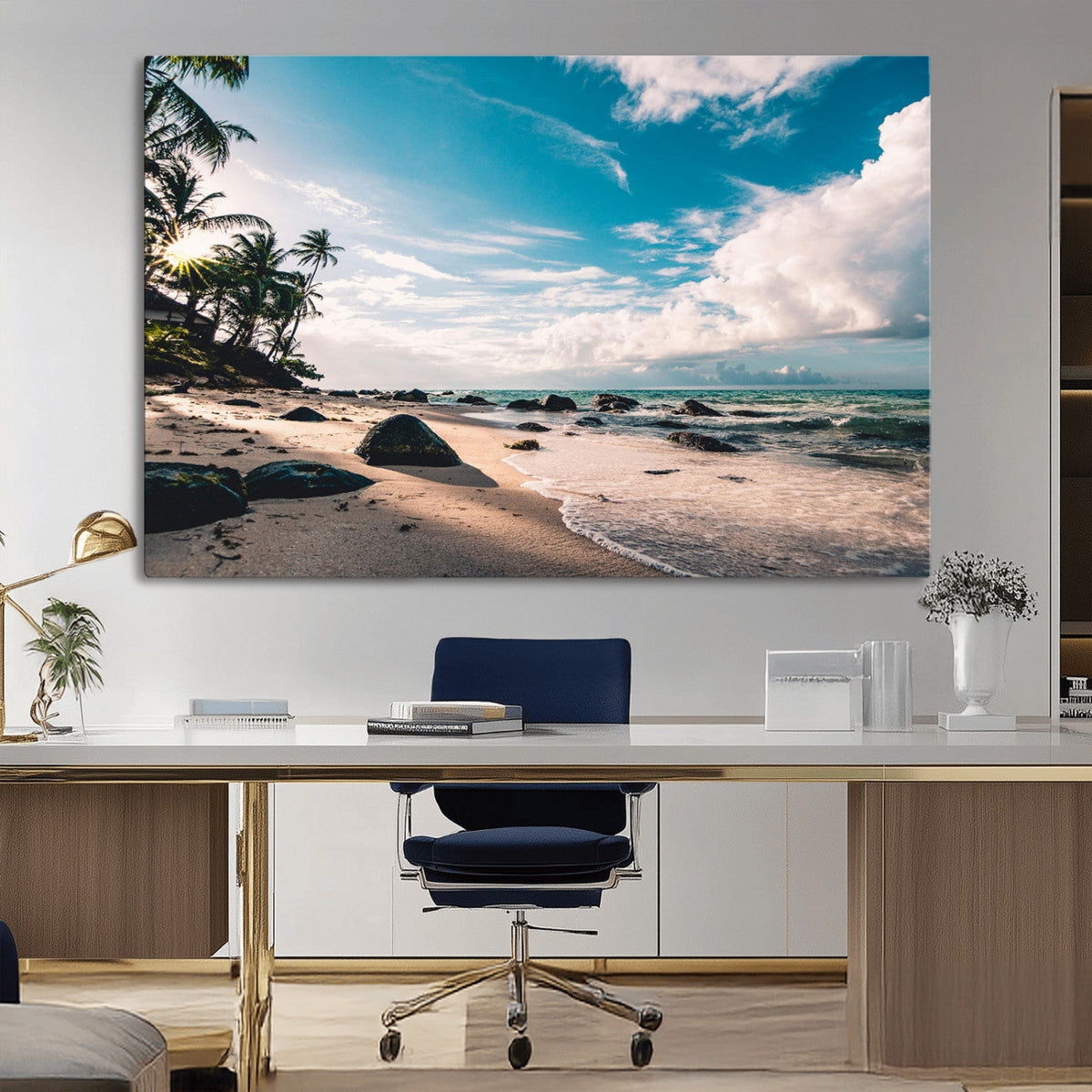 Tropical Beach Wall Art Canvas Print, Framed Ocean Waves Relaxing Seascape
