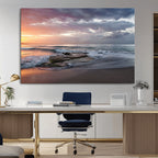 Golden Hour Wall Art Canvas Print, Framed Tranquil Waves Beach Sunset