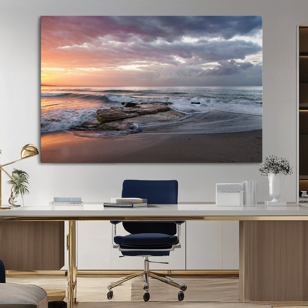 Golden Hour Wall Art Canvas Print, Framed Tranquil Waves Beach Sunset