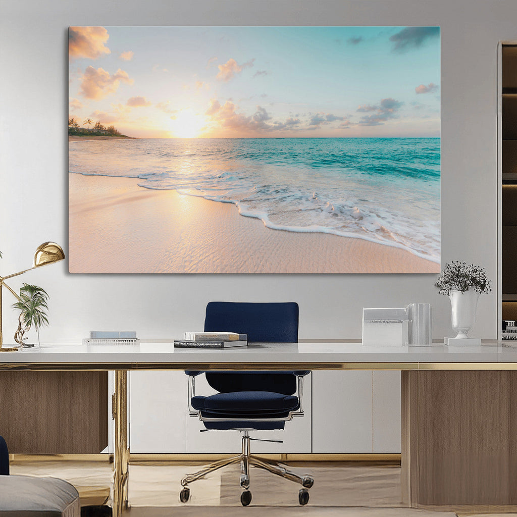 Beach Sunset Wall Art Canvas Print, Framed Ocean Waves Summer Escape