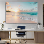 Beach Sunset Wall Art Canvas Print, Framed Ocean Waves Summer Escape
