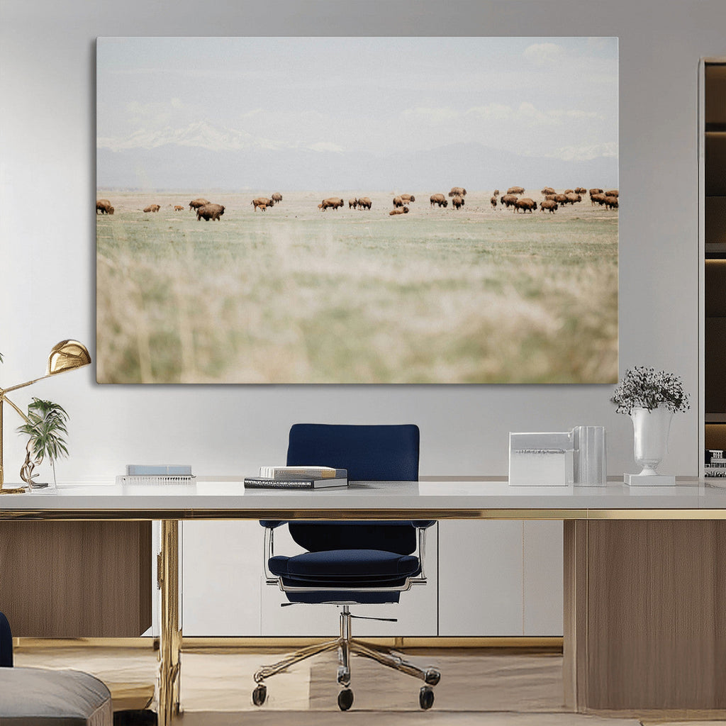 Bison Herd Wall Art Canvas Print, Framed Western Ranch Nature Scene
