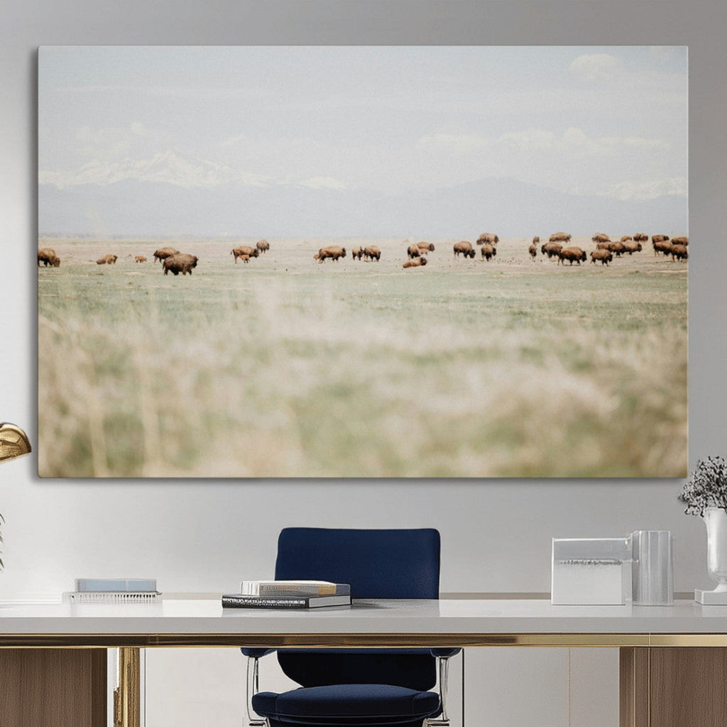 Bison Herd Wall Art Canvas Print, Framed Western Landscape with Bison in Grassland