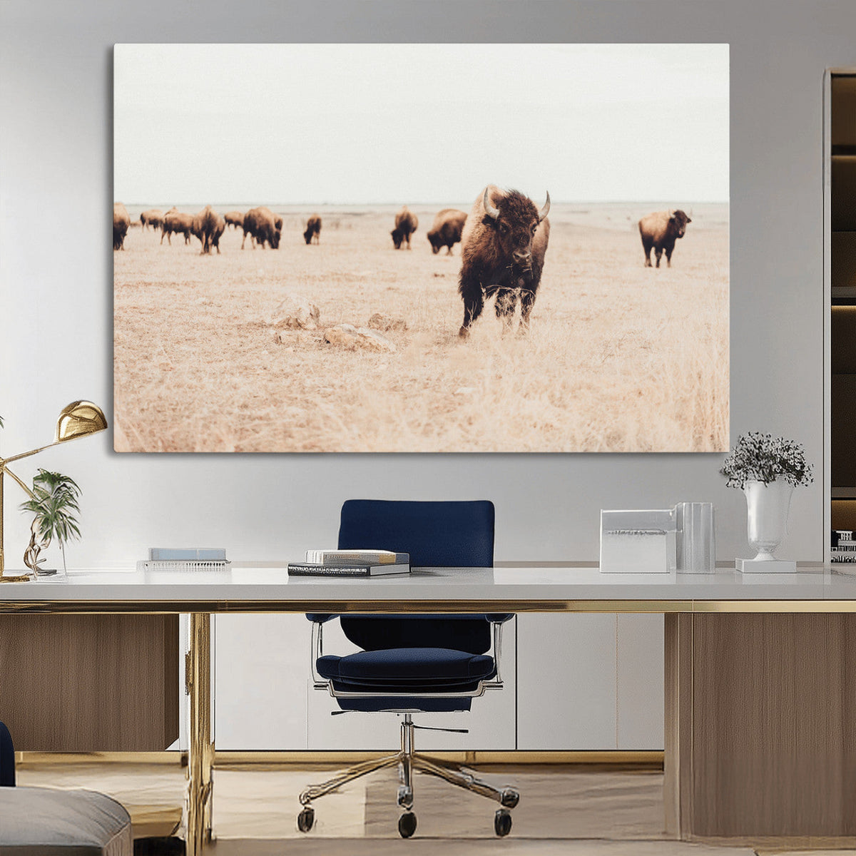 Bison Herd Wall Art Canvas Print, Framed Western Prairie Serenity
