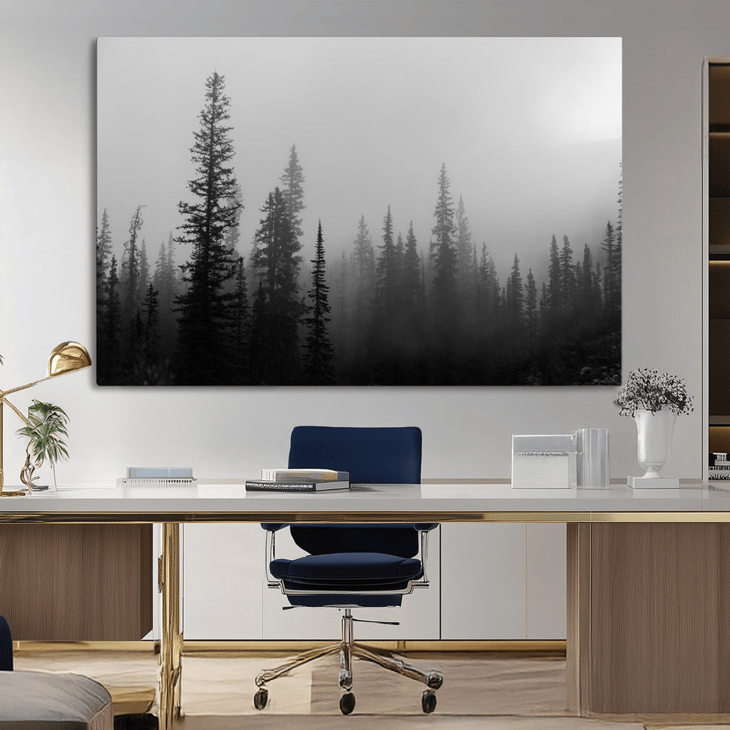 Misty Pines Wall Art Canvas Print, Framed Woodland Minimalist Black and White