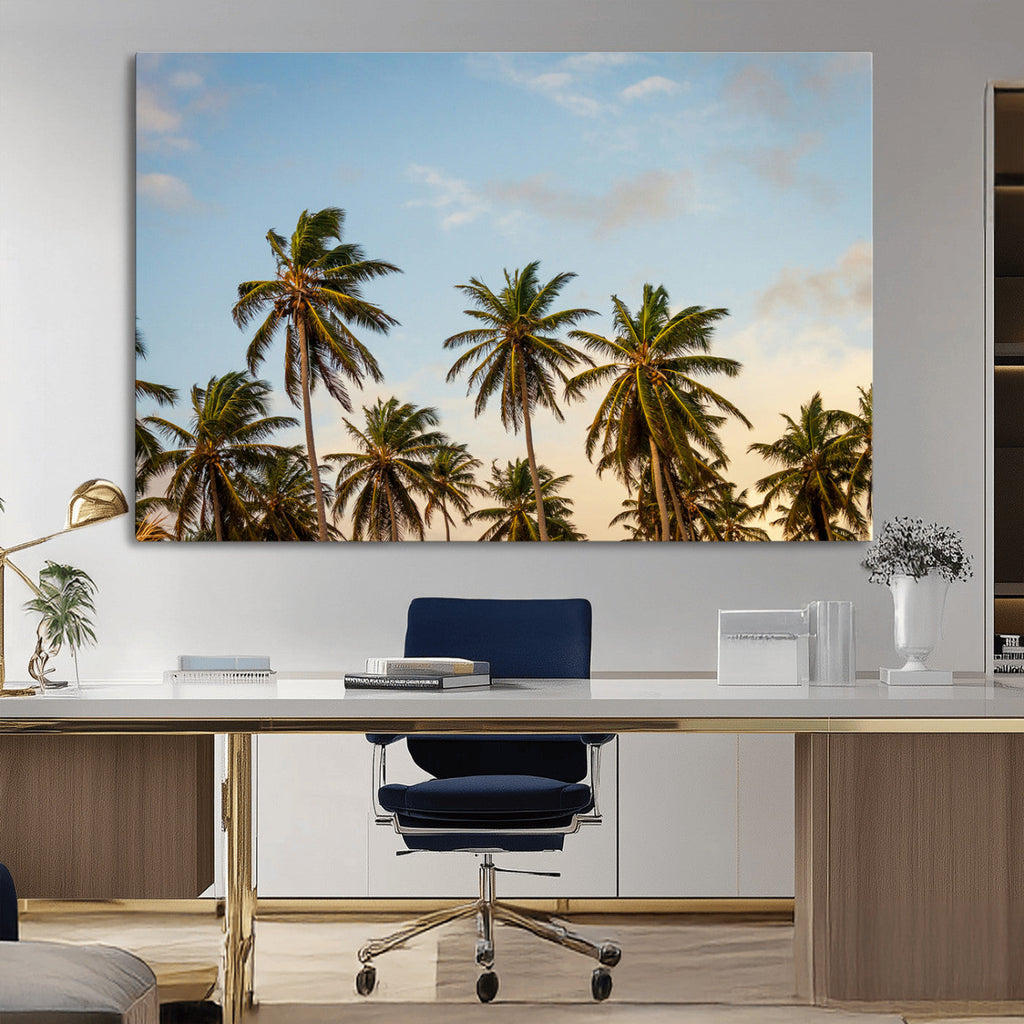 Palm Trees Wall Art Canvas Print, Framed Tropical Vibes Coastal Sunset