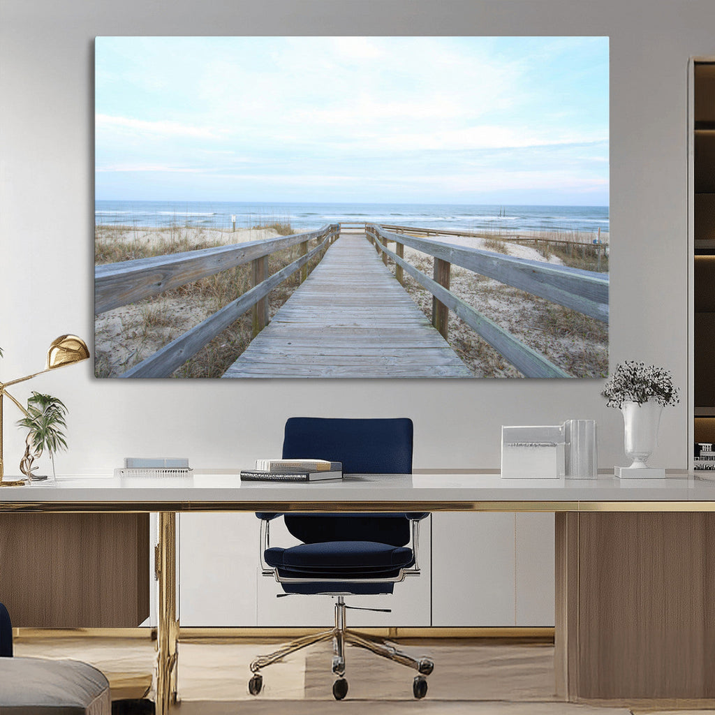 Beach Boardwalk Wall Art Canvas Print, Framed Coastal Serenity Ocean View