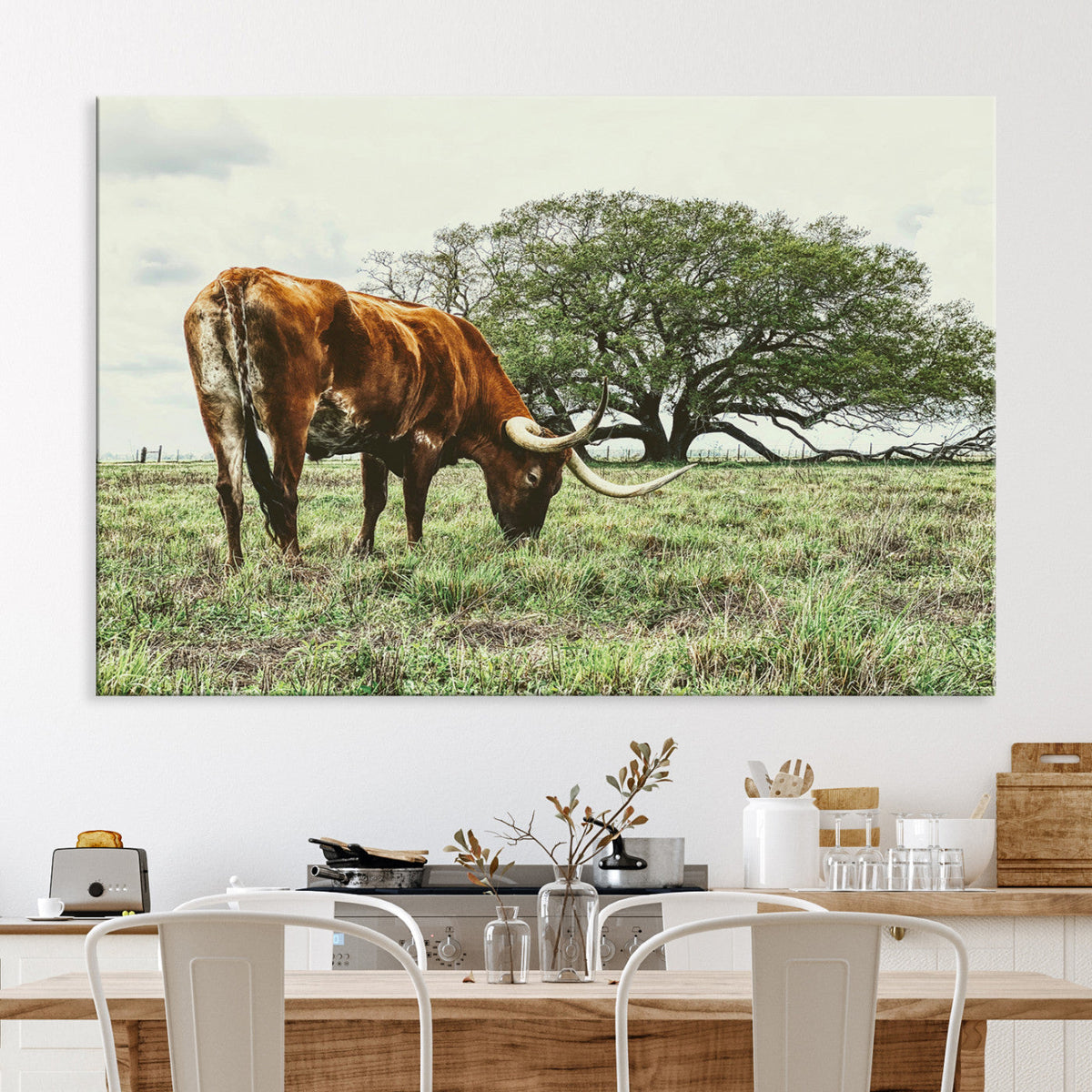 Texas Longhorn Wall Art Canvas Print, Rustic Western Ranch