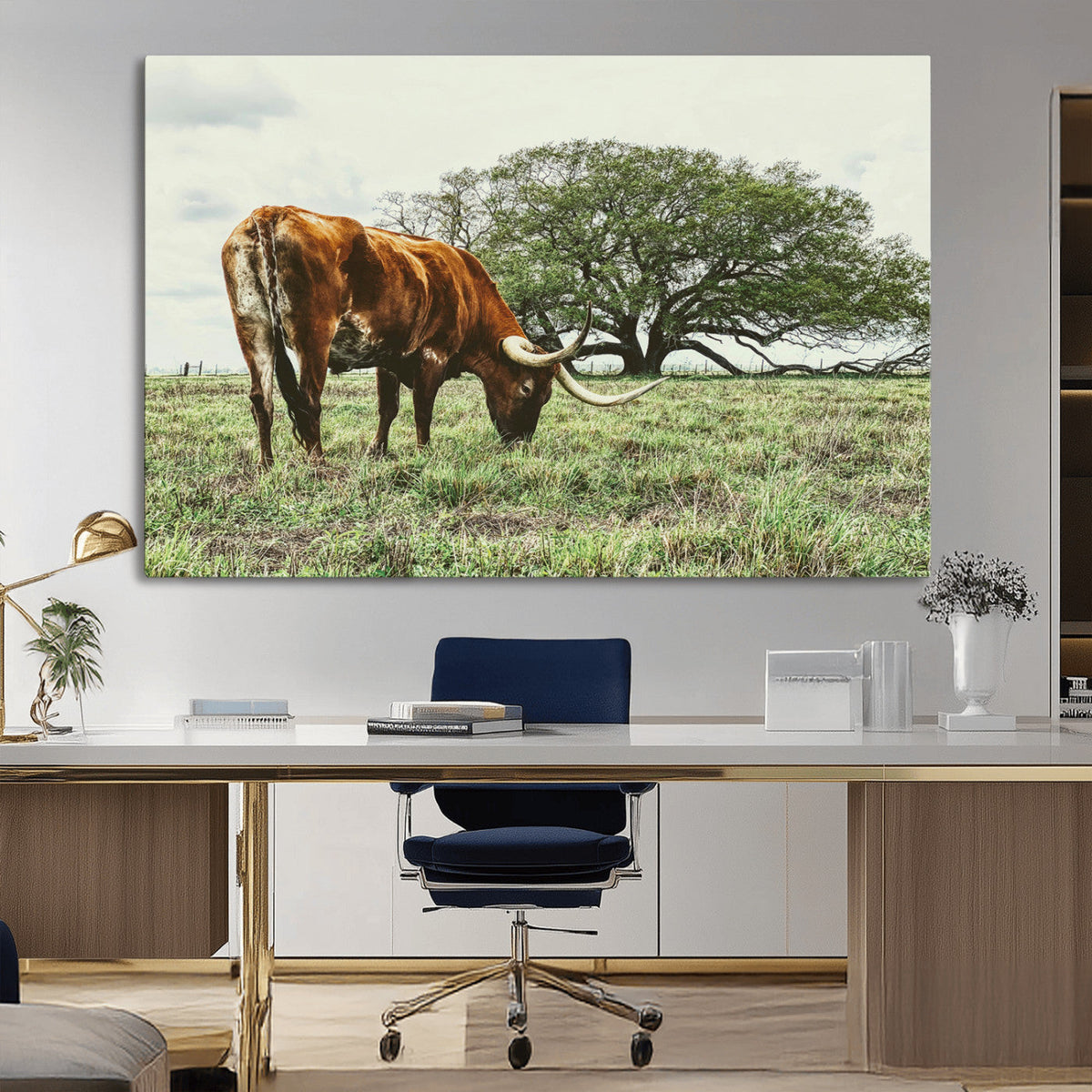 Texas Longhorn Wall Art Canvas Print, Framed Rustic Ranch Western Cattle