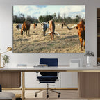 Texas Longhorns Wall Art Canvas Print, Framed Rustic Farm Scene Western Cattle