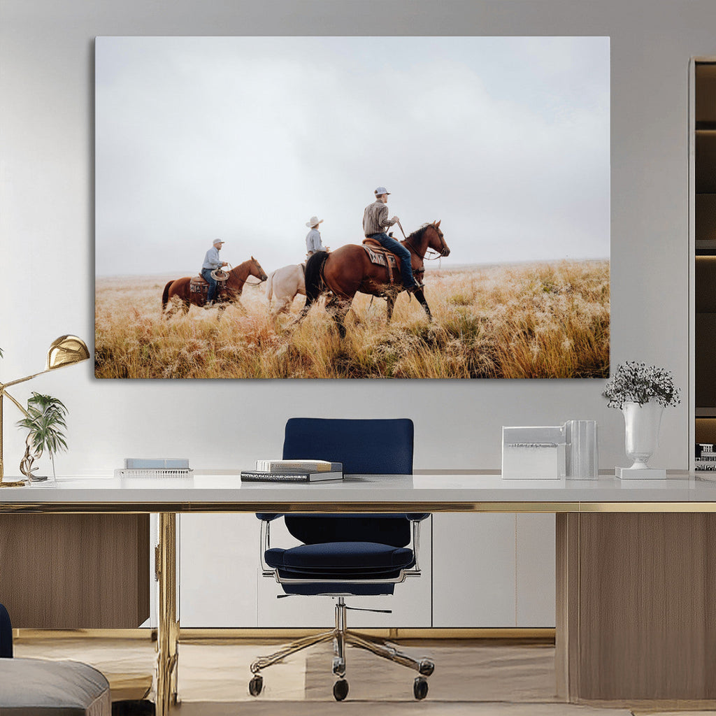 Western Cowboys Wall Art Canvas Print, Framed Horseback Riders on a Rustic Prairie
