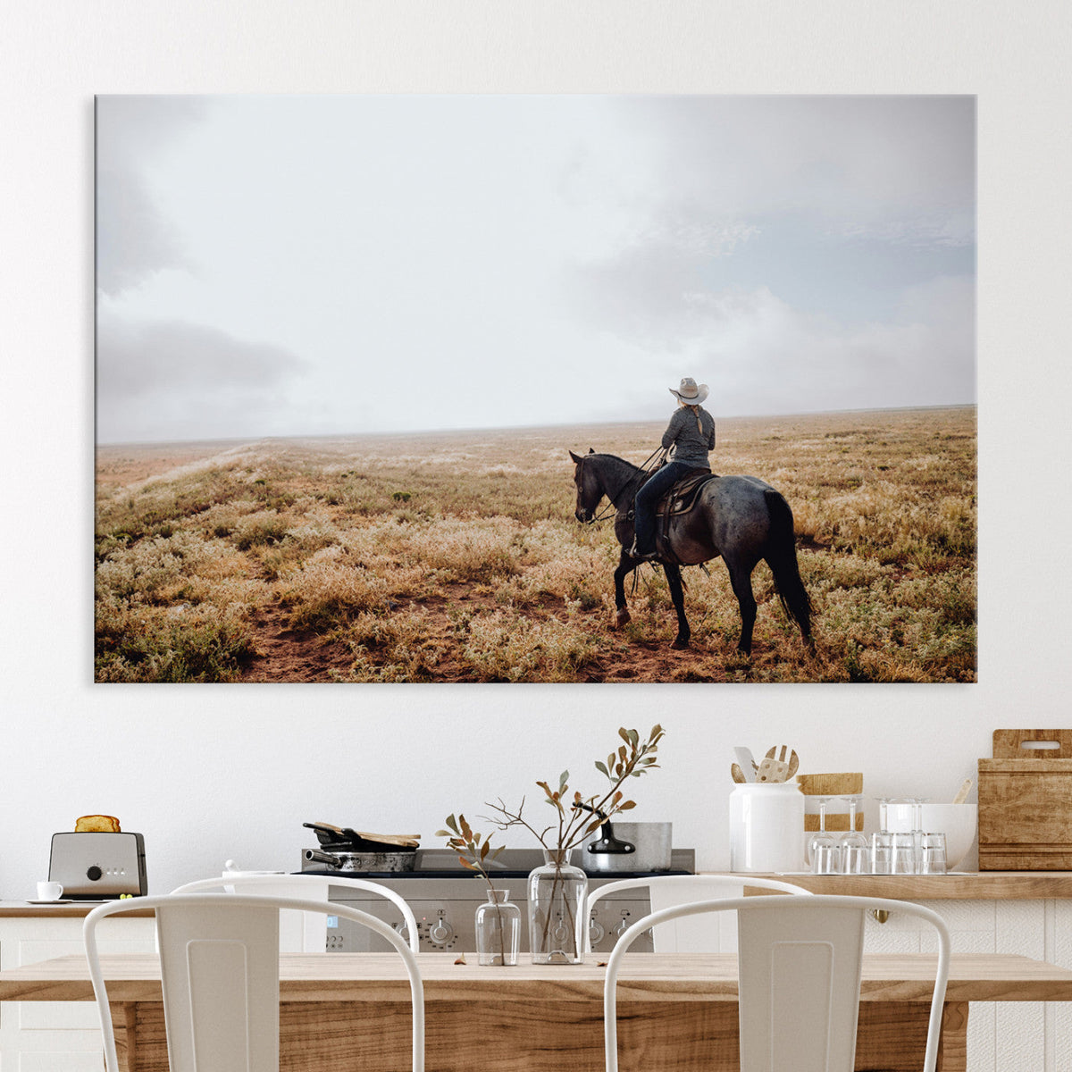 Cowboy Wall Art Canvas Print, Framed Western Rustic Ranch Scene
