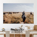 Western Wall Art Canvas Print, Framed Cowboy Cattle Drive Scene