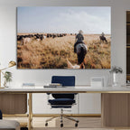 Western Wall Art Canvas Print, Framed Cowboy Cattle Drive Scene