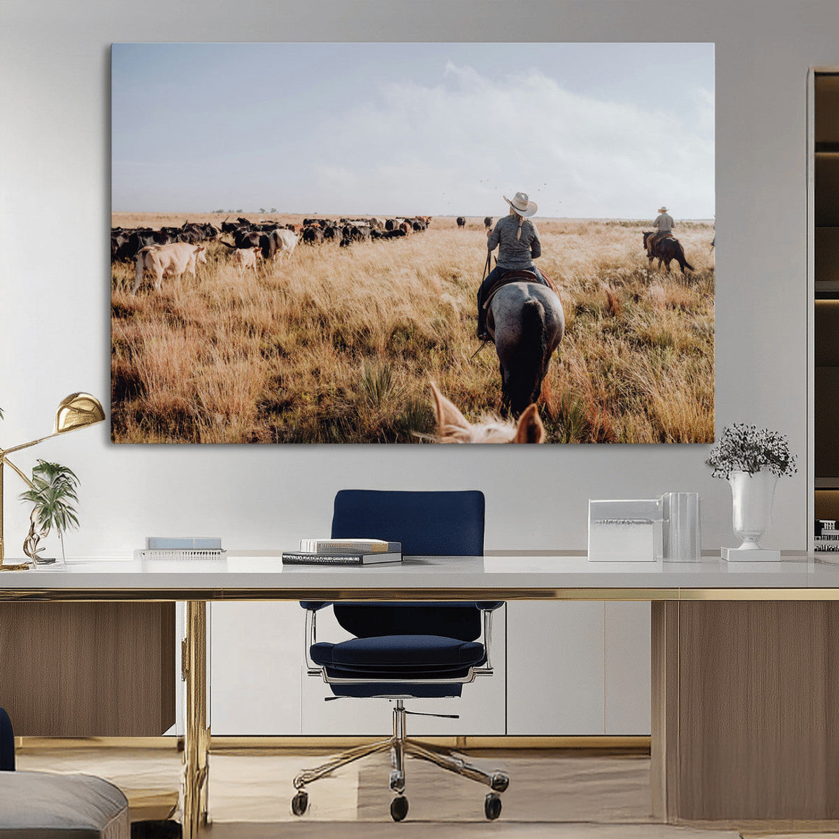 Western Wall Art Canvas Print, Framed Cowboy Cattle Drive Scene