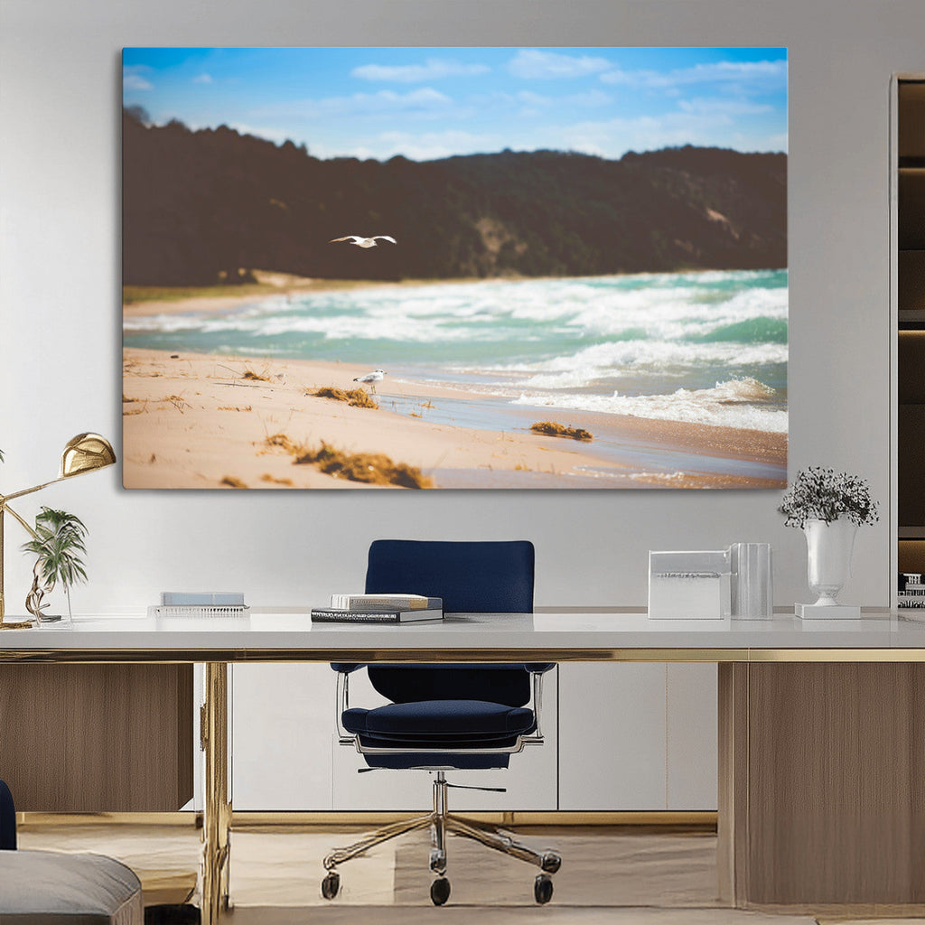 Tranquil Beach Wall Art Canvas Print, Framed Blue Ocean Waves on a Sandy Shore