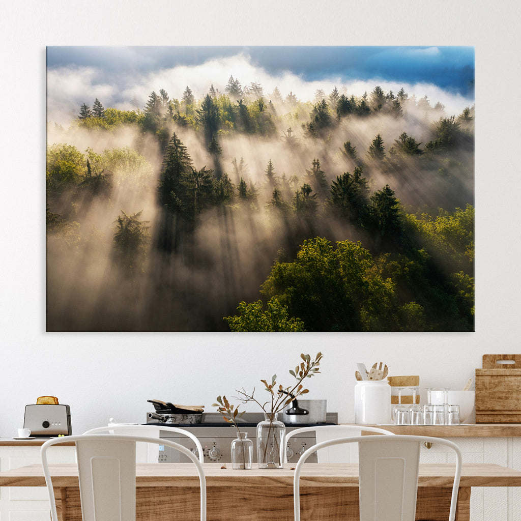 Tranquil Forest Scene Wall Art Canvas Print, Framed Moody Sunbeam Through Trees