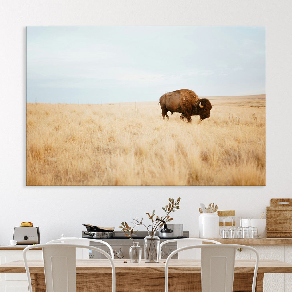 Buffalo Wall Art Canvas Print, Framed Western Wildlife Rustic Prairie Scene