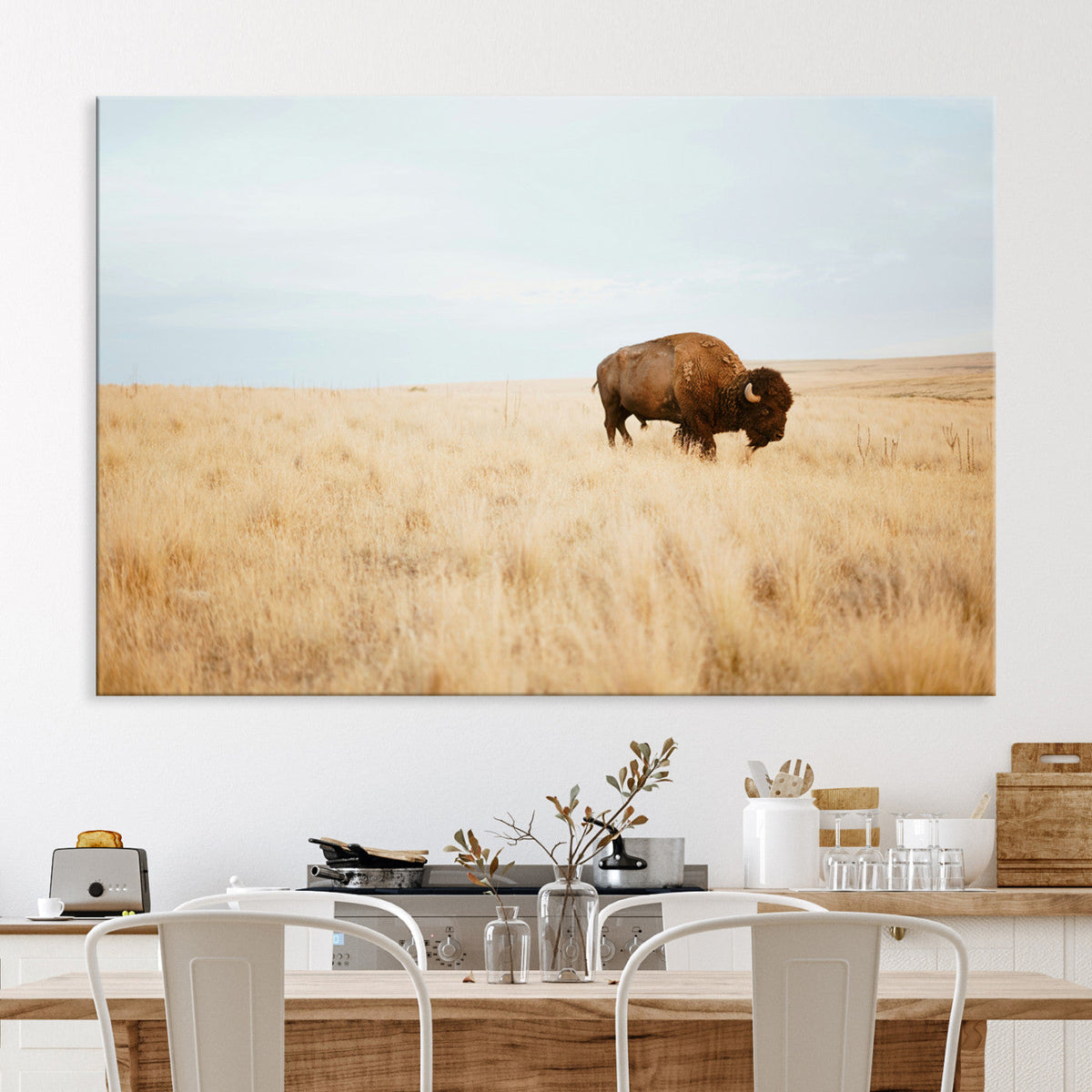 Buffalo Wall Art Canvas Print, Framed Western Wildlife Rustic Prairie Scene