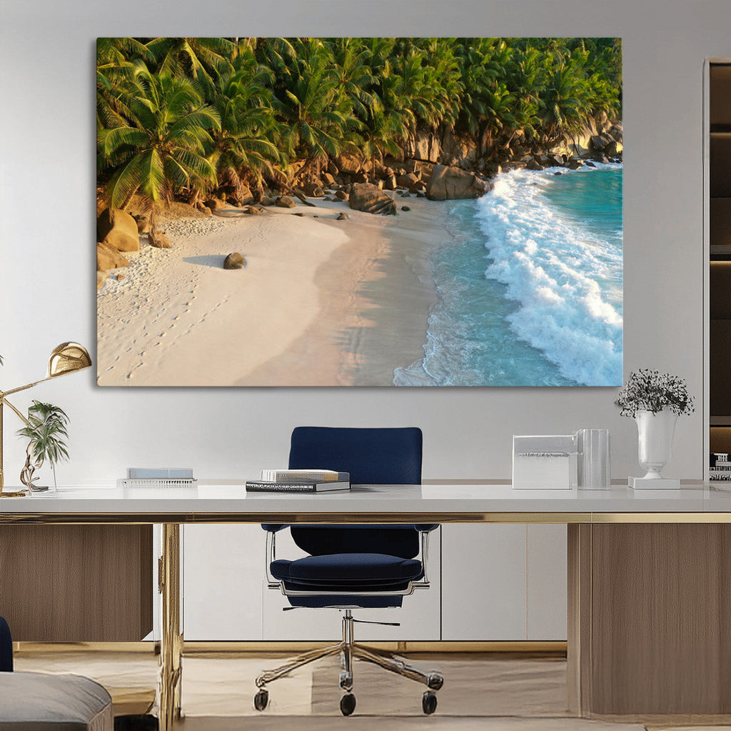 Tropical Beach Wall Art Canvas Print, Framed Ocean Waves and Palm Trees at Golden Sunset