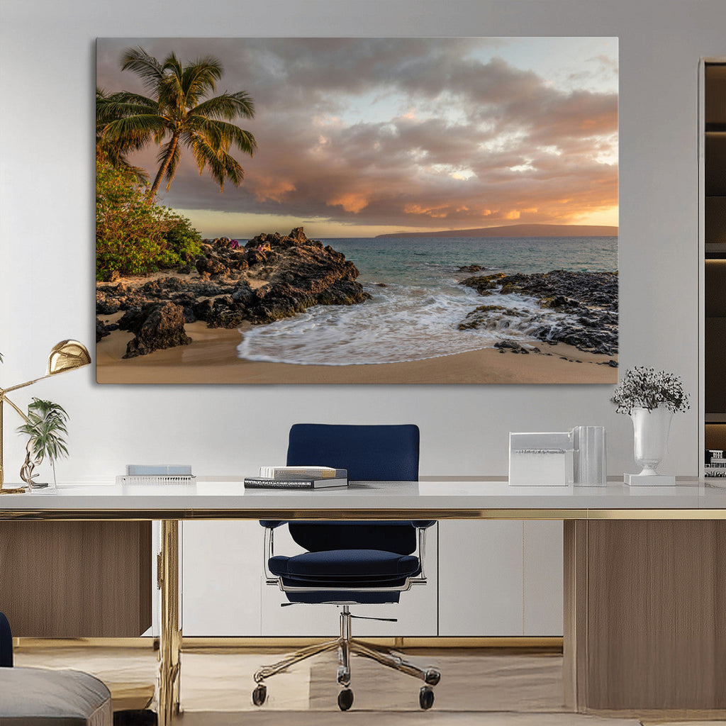 Tropical Beach Wall Art Canvas Print, Vibrant Hawaiian Sunset with Ocean Waves