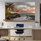 Tropical Beach Wall Art Canvas Print, Vibrant Hawaiian Sunset with Ocean Waves