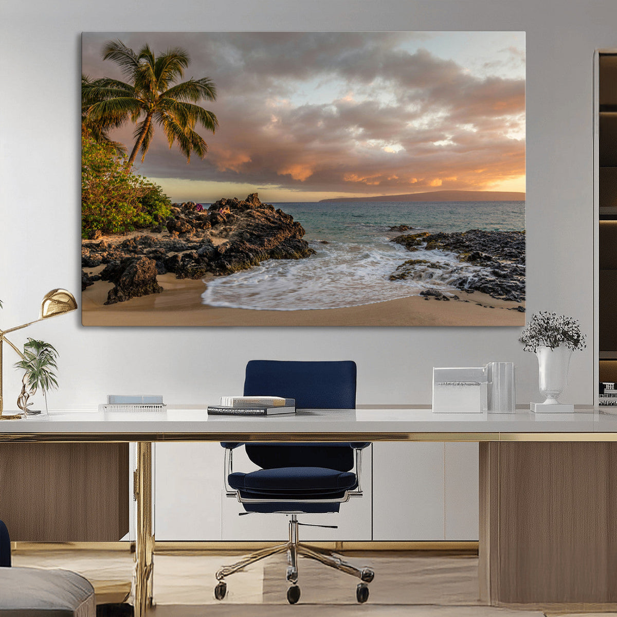 Tropical Beach Wall Art Canvas Print, Vibrant Hawaiian Sunset with Ocean Waves
