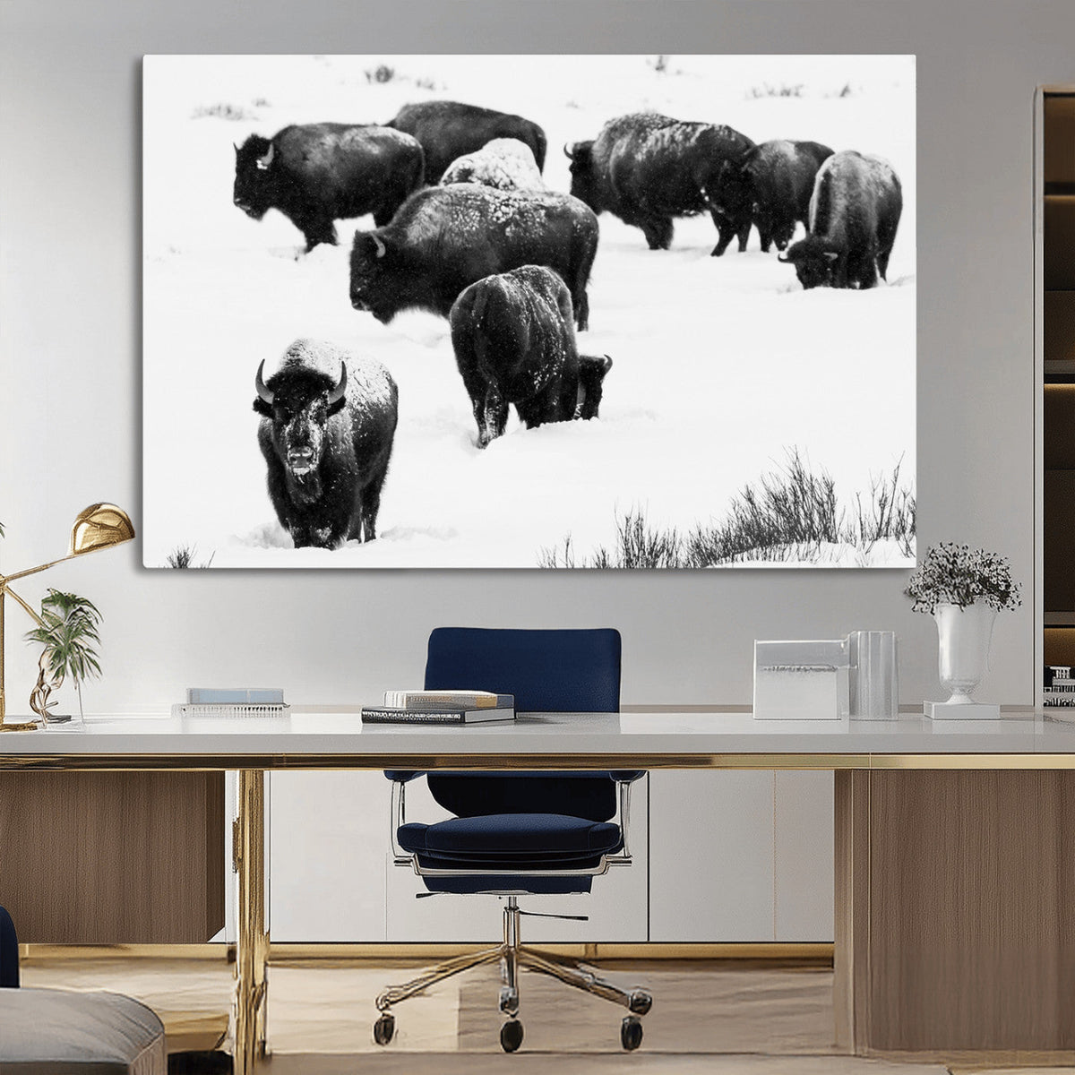 Buffalo Herd Wall Art Canvas Print, Framed Black and White Snowy Landscape