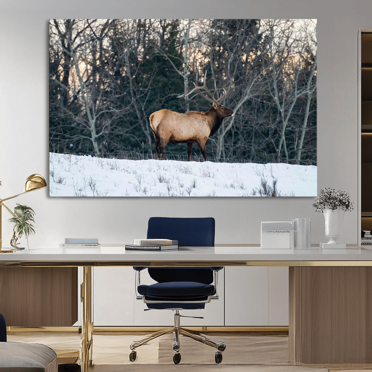 Wild Elk Wall Art Canvas Print, Framed Winter Wildlife in a Snowy Forest