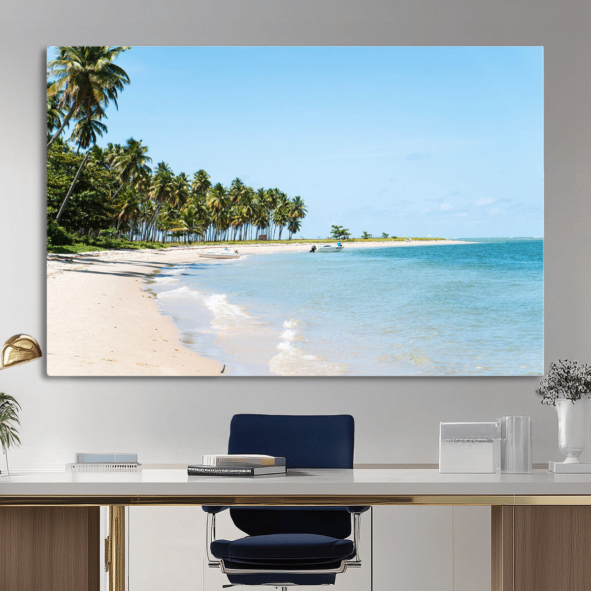 Palm Tree Coast Wall Art Canvas Print, Framed Island Getaway with Crystal Blue Water