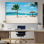 Tropical Beach Wall Art Canvas Print, Framed Palm Tree Ocean View with Calm Waves