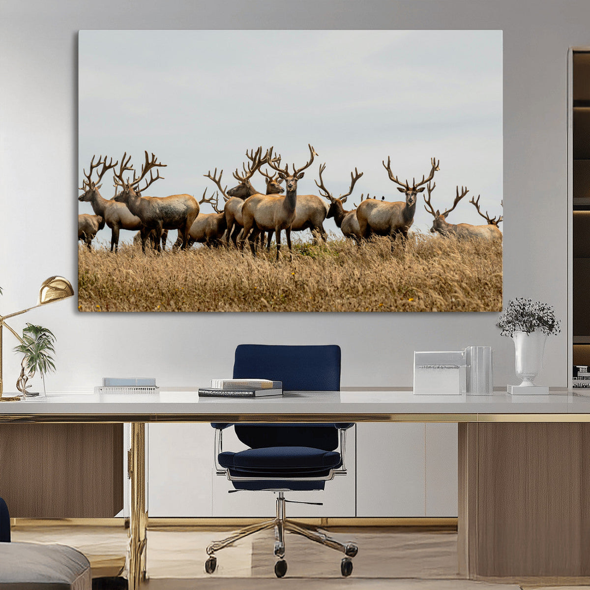 Elk Herd Wall Art Canvas Print, Framed Wildlife Photography Art, Majestic Antlers Rustic Wildlife Decor