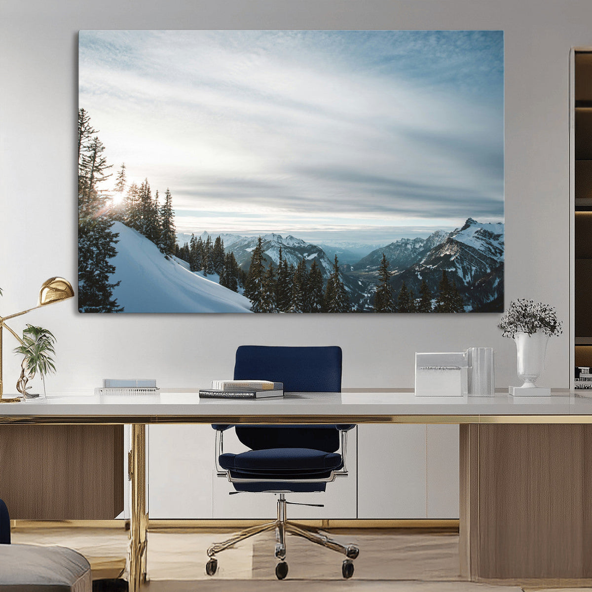 Snowy Mountains Wall Art Canvas Print, Framed Alpine Landscape Frosty Peaks Artwork